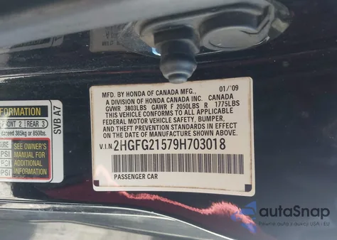 2009 Honda Civic Si z USA, uszkodzony, nr VIN 2HGFG21579H703018